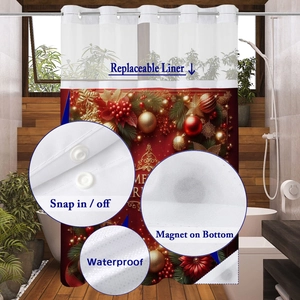 Detail of Christmas shower curtain featuring detachable waterproof liner and snap buttons