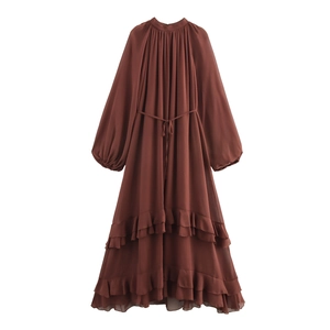 Vestito Lungo In Chiffon Bohemien Da Donna Maniche Lunghe A Lanterna Orlo Con Volant Vita Alta Con Cintura Vacanze Tinta Unita