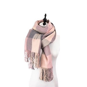 British style plaid scarf with pink and grey patterns and long fringe on a model