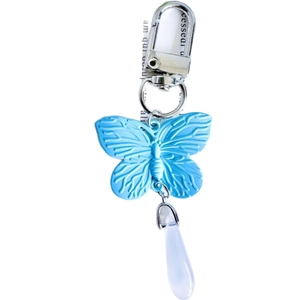 Chic blue butterfly keychain with white droplet pendant and silver lobster clasp