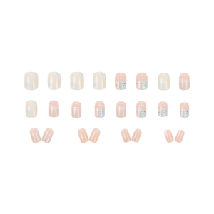 Short square round press-on nails with cute hand-painted cartoon bears and macaron patterns