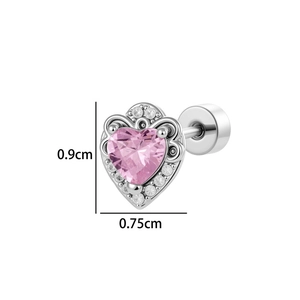 Exquisite silver heart earring with pink zircon and butterfly wing design, size 0.9x0.75cm