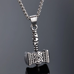 Vintage Thor's Hammer Mjölnir pendant necklace in polished silver stainless steel
