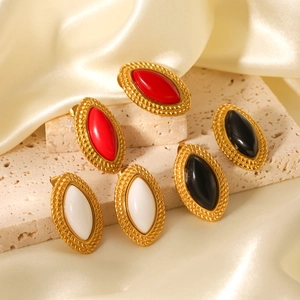 Vintage marquise stainless steel earrings with resin inlay and gold braided texture edge