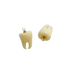 Pair of beige 3D resin tooth pendants with gold rings for DIY earring and jewelry making
