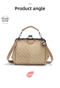 Detail of retro straw woven handbag with engraved metal frame and leather top handle