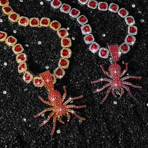 Hip-hop spider pendant necklaces with red heart stones in gold and silver finish