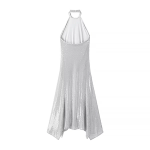 Silbernes rückenfreies Neckholder-Paillettenkleid mit ausgestellter A-Linie für die Party