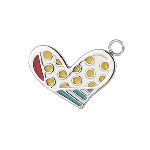 Macro view of colorful enamel heart pendant with striped pattern and metal jump ring