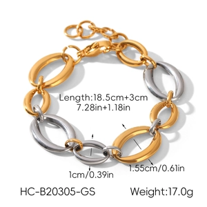 Detailed dimensions of stainless steel gold and silver two-tone link chain bracelet