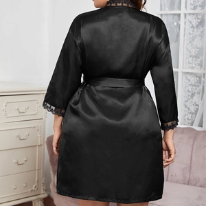 Elegant plus size black satin robe with lace sleeves and silk finish for loungewear
