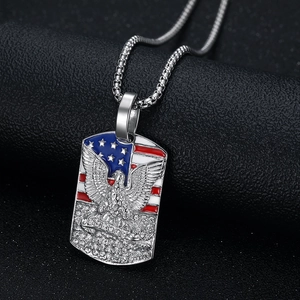 Hip hop silver eagle dog tag pendant with US flag enamel and crystals on box chain