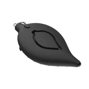 Detail view of leaf-shaped black personal alarm keychain with matte plastic finish