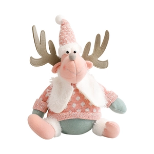 Poupée peluche renne de Noël rose avec pull en tricot et écharpe en laine d'agneau blanche