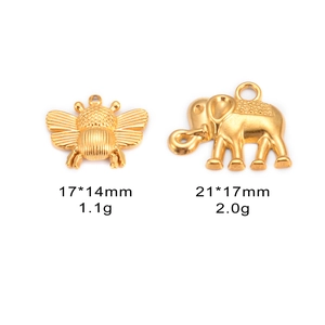 Detailed size view of golden stainless steel bee and elephant charms for DIY jewelry