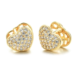 Elegant gold double-sided heart stud earrings with cubic zirconia pavé stones