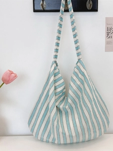 Minimalist blue striped canvas tote bag for women, large capacity shoulder handbag