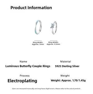 Detailed specs of S925 sterling silver luminous butterfly couple rings with measurements