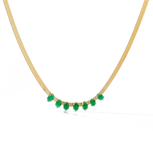 Flat gold snake chain necklace featuring seven emerald green pear-cut zircon stones