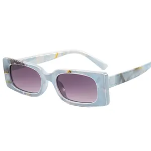Fashion rectangular sunglasses with light blue marble frame and purple gradient lenses