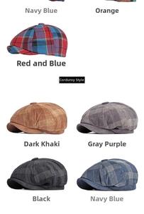 Detailed grid of corduroy newsboy caps in red plaid, khaki, grey-purple, black and navy