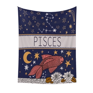 Detailed view of Pisces constellation tapestry with koi fish and moon on polyester fabric