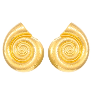 Detailed close-up of 18K gold plated snail shell earrings with spiral textures