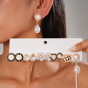 Assorted Stud Earrings Alloy Imitation Artificial Pearl Enamel Camellia Heart Water Drop With Silver Earring Post Vintage French Women