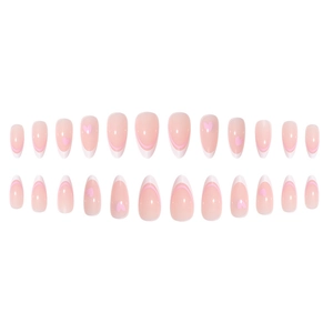 Uñas postizas de almendra con corazón rosa y diseño French Tip en set de 24 piezas