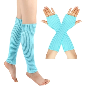 Detailed knit texture of cyan ribbed arm warmers and leg warmers set for winter