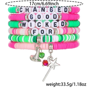 Detail of multi-layer Heishi bead bracelets with wizard hat charms and letter beads