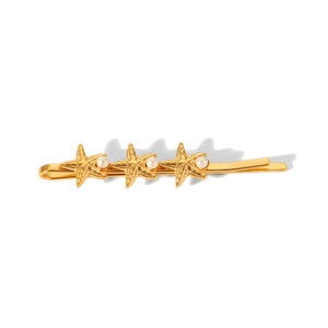 Pince à cheveux étoile de mer dorée avec perles blanches et texture en métal