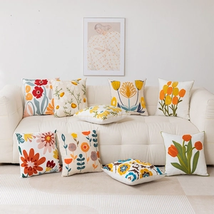 Towel Embroidery Flower Cushion Cover Cotton Linen 3D Daisy Tulip Pillow Case For Living Room Sofa Home Decor Modern Style