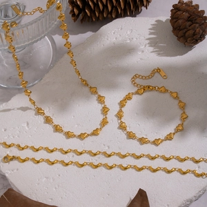 Handmade gold stainless steel moon and heart link necklace and bracelet jewelry set