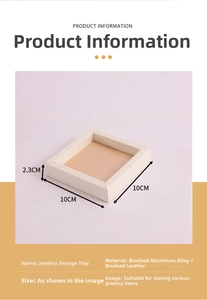 Detailed product dimensions for the 10x10cm brushed aluminum and leather jewelry tray