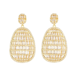 Luxurious gold plated hollow oval earrings fully set with sparkling cubic zirconia stones
