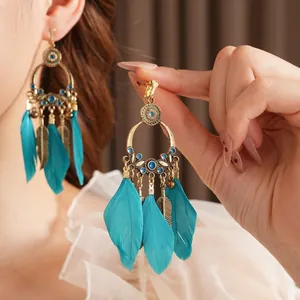 Boucles d'oreilles bohèmes avec plumes bleues et métal bronze sur modèle