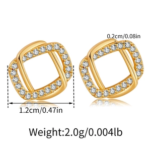 Detailed view of square gold stud earrings with white zircons and size measurements