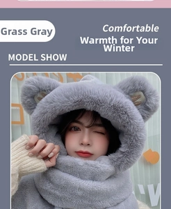 Detail of plush heather grey hooded scarf with cute bear ears and thick faux fur texture