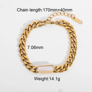Detail of 18K gold-plated Cuban chain bracelet with rectangular white shell inlay