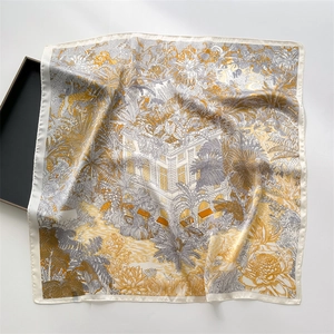 Silk-like square scarf with tropical jungle and leopard print architectural pattern