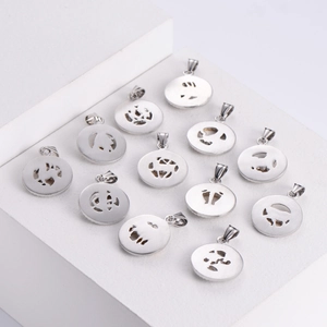 Lot de 12 pendentifs zodiaque circulaires en acier titane argenté sur support blanc