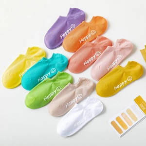 Detail of colorful macaron cotton socks with anti-slip silicone and smile emoji pattern