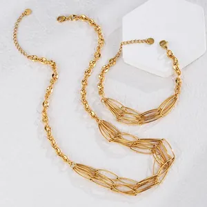 Creative multi-layer oval linked titanium steel jewelry set with necklace and bracelet