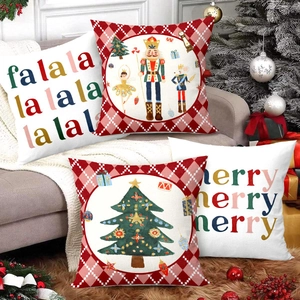Set of 4 Christmas nutcracker throw pillow covers with red plaid holiday patterns