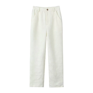 Schicke cremeweiße Hose mit hoher Taille, floralem Jacquard-Muster und geradem Schnitt