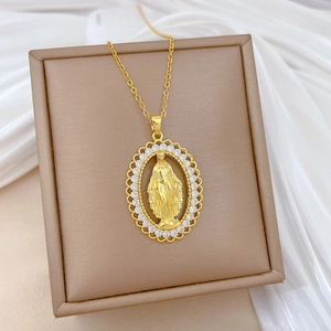 Gold stainless steel oval pendant necklace with Virgin Mary relief and CZ stones