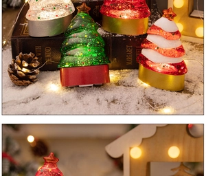 Detail of LED glowing Christmas tree figurines with sequins on a snowy scene