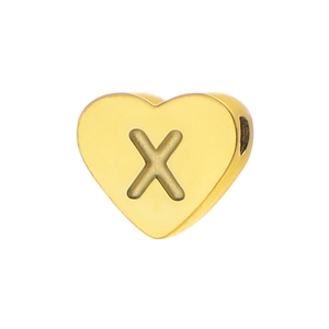 Detailed view of heart-shaped gold-plated bead with embossed letter X on mirror surface