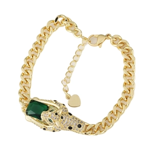 Hip hop Cuban chain bracelet with gold leopard head holding a green gemstone